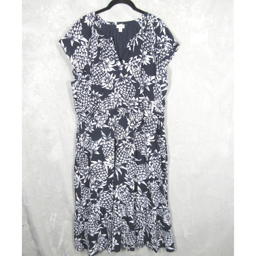 J. Crew Pineapple Print Midi Dress Women Size 16 Navy White V Neck Short Sleeve